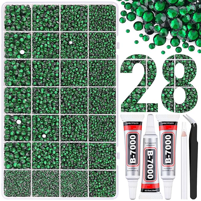 30000Pcs Resin Rhinestones for Bedazzling with Tweezers, Emerald Green Rhinestones for Crafting with 3Pcs 10ml B7000 Jewelry Glue for DIY Crafts Clothing Tumblers Shoes Fabric Nail Art