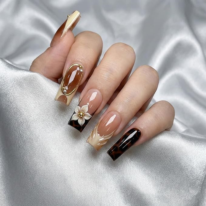 Square Press on Nails Long Fake Nails Brown Artificial Nail Seeneey Flowers and Gold Charm Designs Leopard Stick on Nail for Women 24pcs