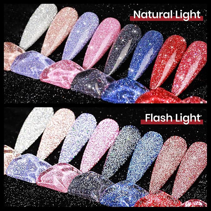 MIZHSE Reflective Glitter Gel Polish, 8 Colors Red Silver Reflective Gel Polish Holographic Christmas Shiny U V LED Soak Off Sparkly Gel Nail Polish for Nail Salon Home DIY Manicure