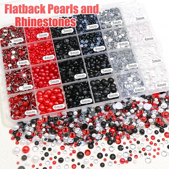 RODAKY 9000PCS Rhinestone Pearls for Bedazzling Red Black White Flatback Gems Half Pearls for Crafting Diamond Making Kit Clothing Shoes Nail Decor with Glue Tweezer Pickup Pen