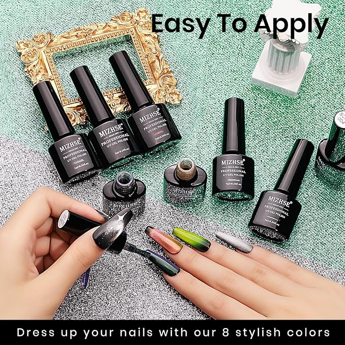 MIZHSE Cat Eye Gel Nail Polish Set 8 Colors with Magnet Stick: 9D Cat Eye Gel Polish and Shiny Wide Cat Eye Gel Set, Classic Holographic Glitter Galaxy Colors Gel Nail Kit for Nail Salon Home DIY