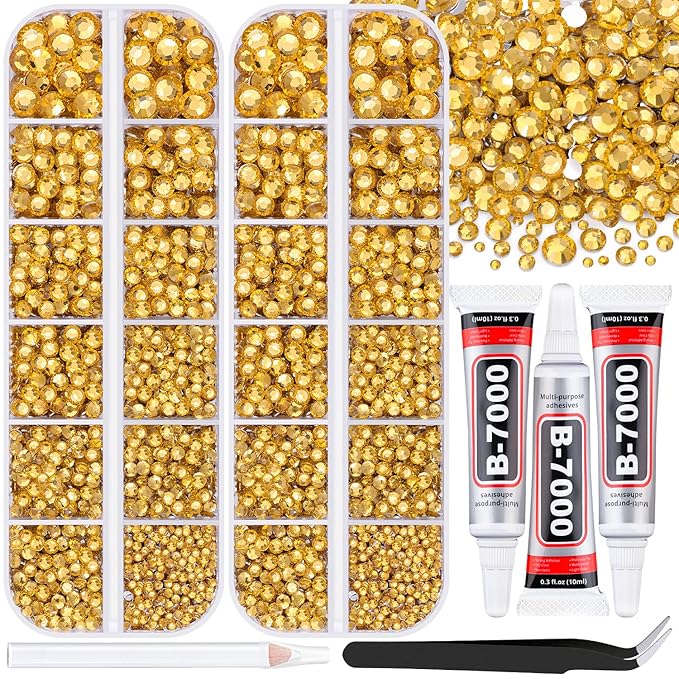 12000Pcs Resin Rhinestones for Bedazzling with 3Pcs B7000 Jewelry Glue, 2 Boxes Golden Flatback Rhinestones for Crafting Crafts DIY, Crystals Gems for Clothing Shoes Tumblers Nail Art Makeup