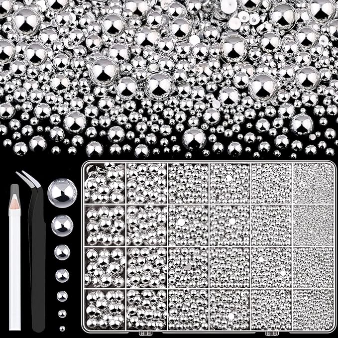 11000Pcs Flatback Pearls for Crafting (Silver), Assorted Size 2/3/4/5/6/8/10mm Non Hotfix Half Pearl, Bedazzling Bead for DIY Crafts Clothing Tumblers Mugs Shoes Fabric Embellishment Nail Art Makeup