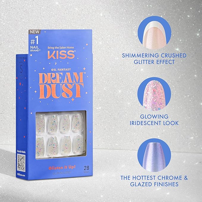 KISS Gel Fantasy, Press On Nails, Nail glue included, 'Champagnes', Light Blue, Short Size, Squoval Shape, Includes 28 Nails, 2G Glue, 1 Manicure Stick, 1 Mini File
