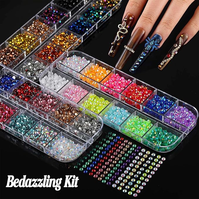 BANA Nail Charms for Rhinestones Kit with 13 Boxes of Nail Gems, 18000Pcs 3D Gold and Silver Nail Charms with Cross, Crown, Pearls for DIY Nail Designs
