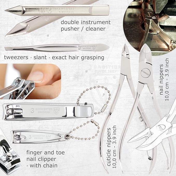 3 Swords Germany - brand quality 11 piece manicure pedicure grooming kit set for professional finger & toe nail care scissors clipper fashion leather case in gift box, Made by 3 Swords
