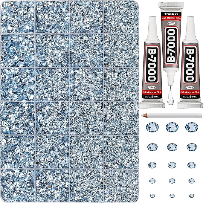 33000Pcs Light Blue Rhinestones for Bedazzling, Bedazzler Kit with Flatback Craft Rhinestones Bulk and B7000 Glue, 2,3,4,5,6mm Resin Flat Back Crystals for Craftings, Crafts, Clothes, Shoes, Nails