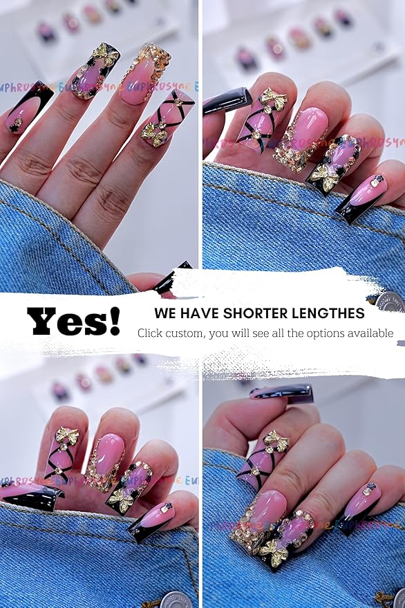 Black and Pink Press On Nails – 10PCS Glossy Coffin Fake Nails with Criss-Cross Ribbon, Rhinestones and Gold Butterfly Charms, Reusable Glam Nails for Women and Girls – Euphrosyne