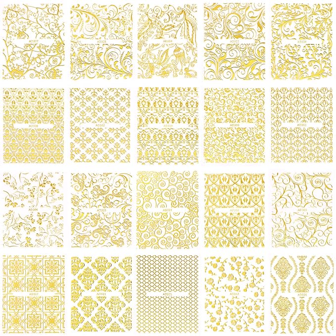 KISSBUTY Metallic Flowers & Vine Nail Decals - 20 Sheets 3D Flower Lace Adhesive Stickers - Gold Floral Nail Decor