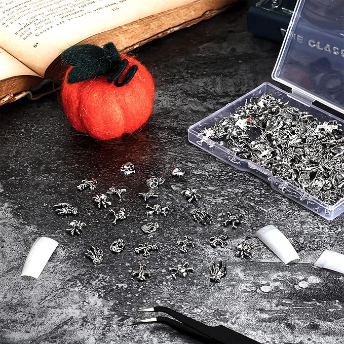 180 Pieces Halloween Nail Charms Metal 3D Vintage Skull Cross Rhinestones Ghost Bat Skeleton Nail Charms for Women DIY Halloween Supplies(Silver)