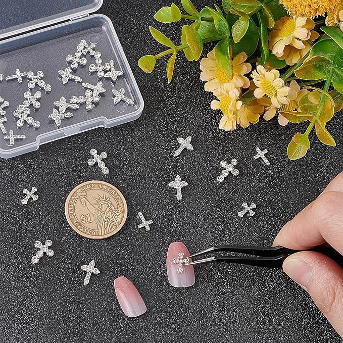 CRASPIRE 40pcs Cross Nail Charms 4 Style Silver Rhinestone Cross Nail Studs Charms 3D Luxury Flat-Back Diamond Crystal Rhinestones Gems Metal Alloy for DIY Nail Art Jewelry Decoration