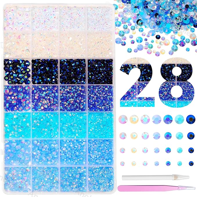 22000Pcs Blue Rhinestones for Bedazzling, Jelly Bedazzling Resin Gems 3-5mm, Blue White Gems Bedazzling Kit for Crafting, Flatback Color Light Blue AB Gems for Nails Face Makeup Tumblers