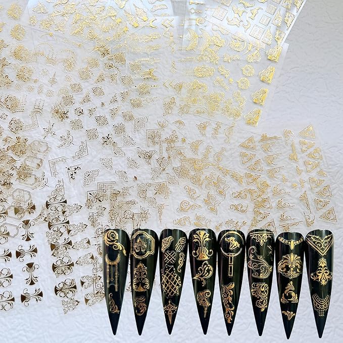 NAIL ANGEL 24Sheets Nail Art Adhesive Sticker Sheets Different Gold Color Luxury Shapes Sticker Nail Art Deco 10304 (10304)