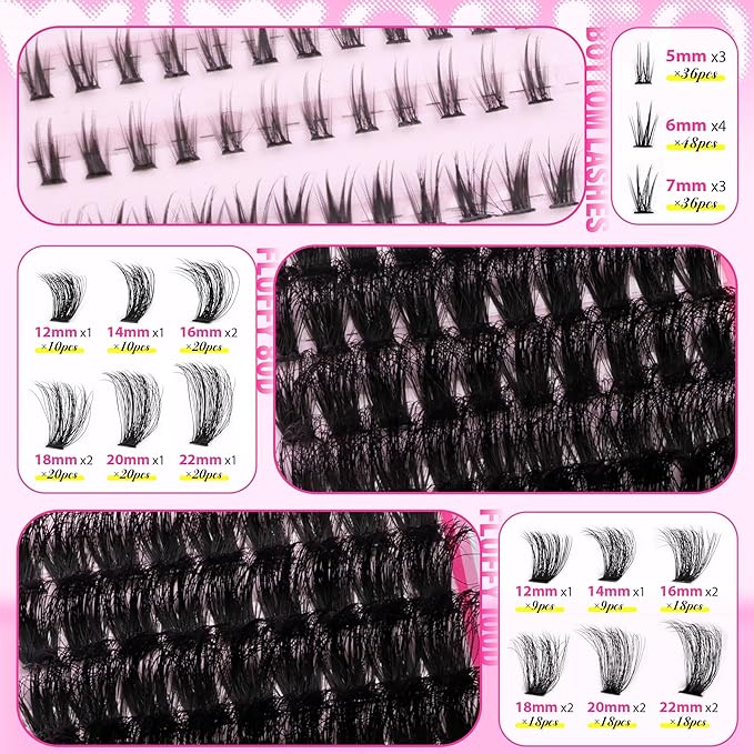 wiwoseo Fluffy Lash Clusters Kit with Bottom Lash Clusters Eyelash Extensions Kit 80D+100D Fluffy Eyelash Clusters 5-22mm Long Cluster Lashes Salon Lashes Clusters Kit with Clear Lash Bond and Seal