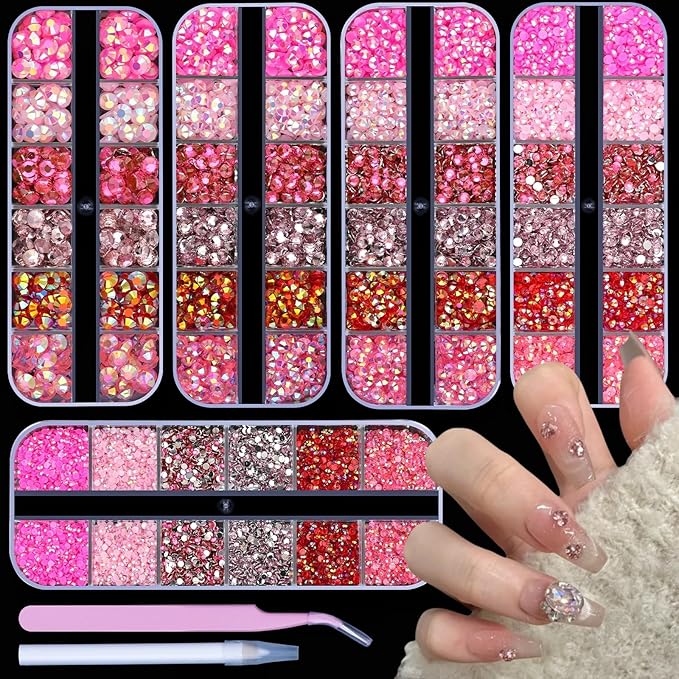 5 Boxes 12420pcs Sparkling Crystal Nail Rhinestones Kit, Flatback Multicolor Transparent Jelly AB Mermaid Gems with Pick Up Pen and Curved Tweezers for Manicure Salon & Craft DIY Designs (Pink)