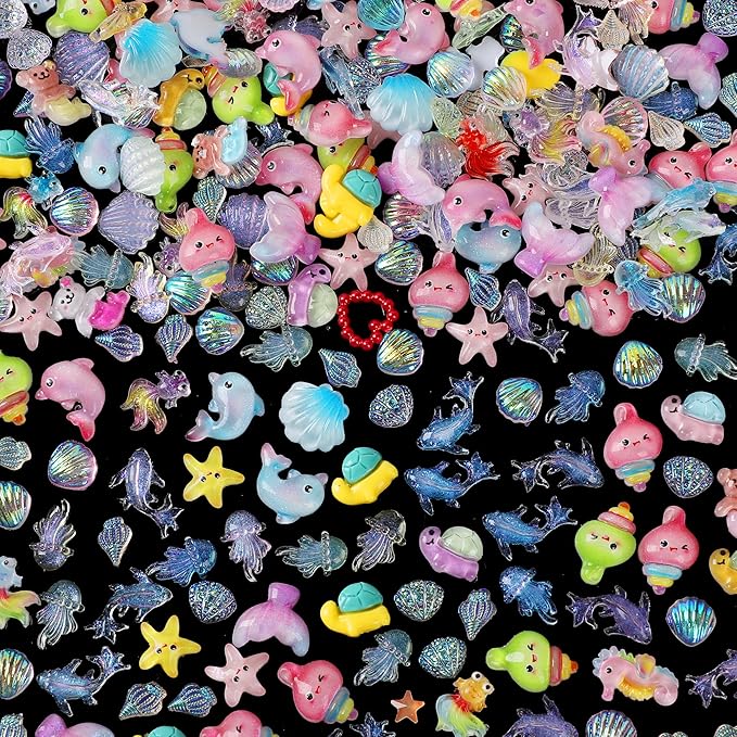 120PCS Summer Beach Nail Art Resin Accessories, Ocean Theme Shell Starfish Goldfish Nail Studs Sea Series Whelk Nail Charms Supplies for Nail Art Designs DIY Manicure Decoration 2