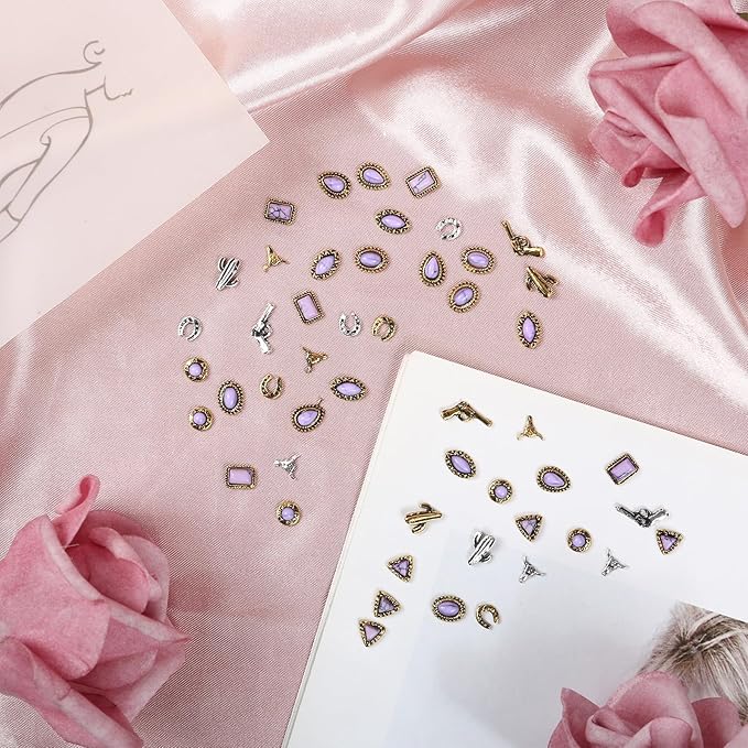 50 PCS Western Nail Charms - Purple Turquoise Nail Charms, Vintage Cowboy Cowgirl Western Art Gems Stickers, Retro Metal Gold Silver Art, Purple Multi-Shape Marble Gems Bulk DIY