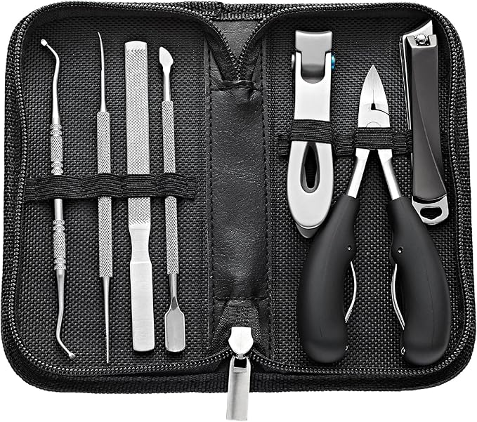 Ingrown Toenail Clippers for Seniors Thick Toenails, 7 Pcs Heavy Duty Large Pedicure Toe Nail Clipper Set with Wide Opening, Includes Nail Cutter, File, Lifter, Cuticle Pusher, Travel Case
