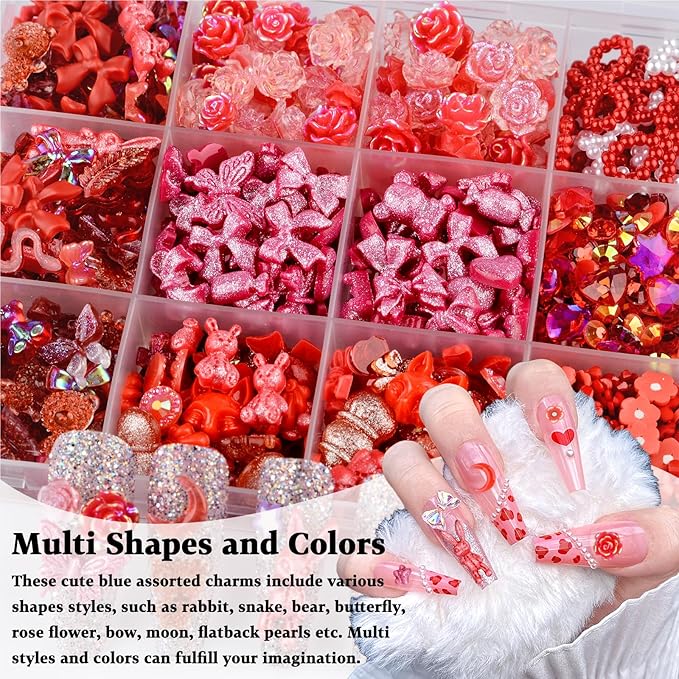 850 Pieces 3D Butterfly Rose Flower Bow Rabbit Bear Nail Charms Kit with Nail Art Rhinestones Pearls Crystal Gems Nail Slices for Manicure DIY Crafts Jewelry Accessories (Red)