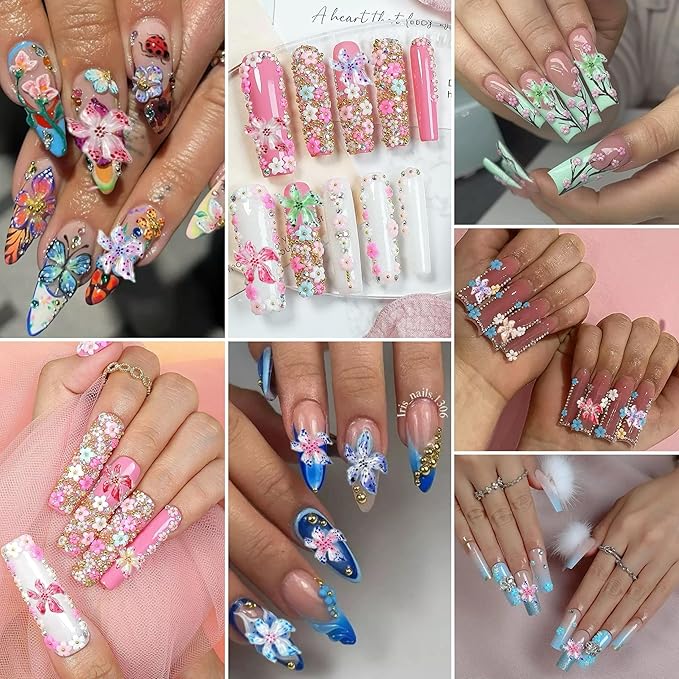 3D Flowers Nail Charms Kit, Colorful Hawaii Flower Nail Charms and Gems Cute Hibiscus Floral Charms for Nail, Spring Flowers for Nails Design with Caviar Beads for Nails Art Charms DIY Crafts