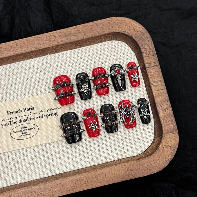3D handmade nails press on false nails,Thick Strong Waterprooft short square red black rivet y2k star spider cute acrylic fake nails designed kit,10 Nails Size L #3083