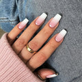 KQueenest Ombre Pink Press on Nails Long Medium Square, Gradient White French Fake Nails Medium Coffin, Glossy Acrylic Nails Press ons, Reusable Soft Gel Glue on Nails for Women Summer