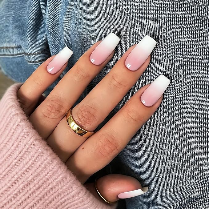 KQueenest Ombre Pink Press on Nails Long Medium Square, Gradient White French Fake Nails Medium Coffin, Glossy Acrylic Nails Press ons, Reusable Soft Gel Glue on Nails for Women Summer