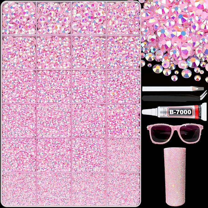25000Pcs Light Pink AB Rhinestones for Bedazzling with B7000 Jewelry Glue, Non Hotfix Flatback Gems, Crystal Resin Rhinestones for Crafting Crafts Clothing Tumblers Mugs Shoes Fabric Decor Nail Art