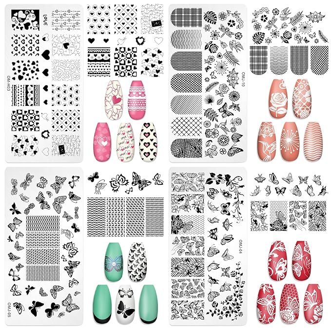 7pc Nail Stamping Plate Kit Butterfly Heart Letter Nails Stamp Plate Leaf Flower Nail Art Template Stencil Fingernail Polish Stamps Plates Set Silicone Stamper Scraper French Tips Nails Design Tools