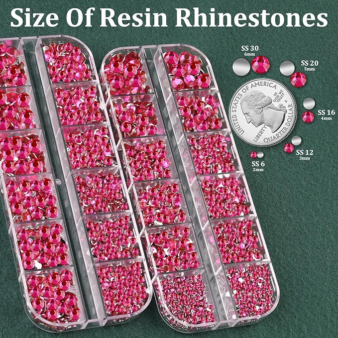 Resin Rhinestones for Crafting with B7000 Jewelry Glue, 2 Boxes Hot Pink Flatback Crystals with 3Pcs 10ml Glue for Bedazzling Crafts DIY Nail Art Makeup，Non Hotfix Gems for Clothing Shoes