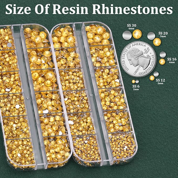 Resin Rhinestones for Crafting with B7000 Jewelry Glue, 2 Boxes Golden Yellow Flatback Crystals with 3Pcs 10ml Glue for Bedazzling Crafts DIY Nail Art Makeup, Gems for Clothing Shoes