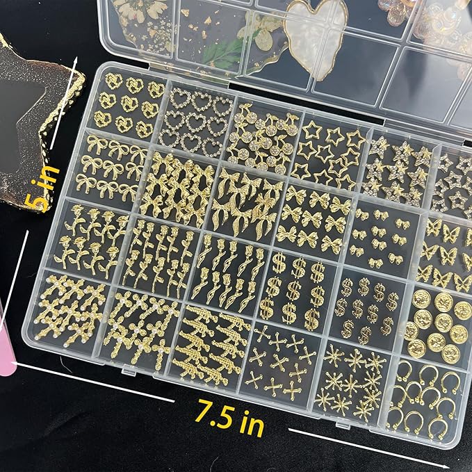 240 PCS Gold Nail Charms with 24 Types Elements Heat Cherry Star Bow Butterfly Rose Dollar Sign Coin Gun Cross for Nail Art Decoration Jewelry