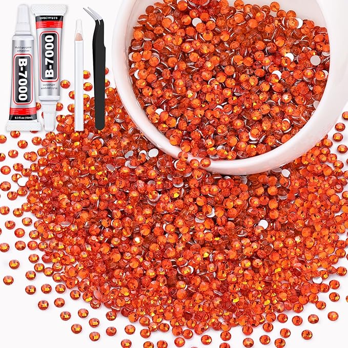 3000PCS SS12/3mm Crystal Rhinestones (Orange/Hyacinth) with 2Pcs 10ml B7000 Jewelry Glue, Bedazzling Flatback Glass Rhinestones for Crafting, Gems Diomand Charms for Tumbler Shoes Clothing Nail Art