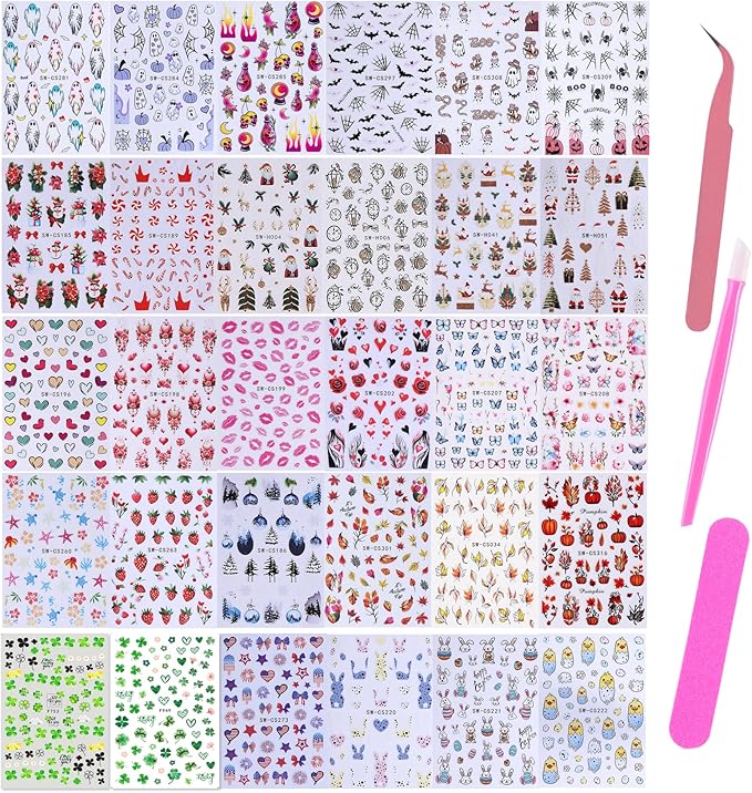Holiday Nail Art Stickers Decals 30 Sheets 3D Seasonal Stickers for Nails with Tweezers Self-Adhesive Manicure Decoration Nail Supplies for Christmas Valentine Halloween St. Patrick's Day Easter