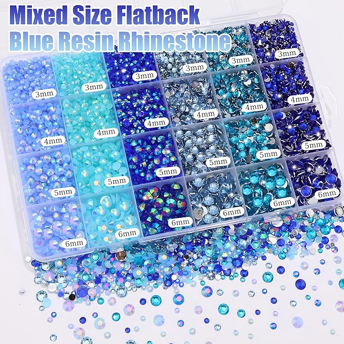 RODAKY Blue Rhinestone Flatback Gems for Bedazzling 3/4/5/6mm Crystal Rhinestones 2PCS 10ml B7000 Jewelry Glue Tweezers Pen Making Kit for DIY Craft Clothing Shoes