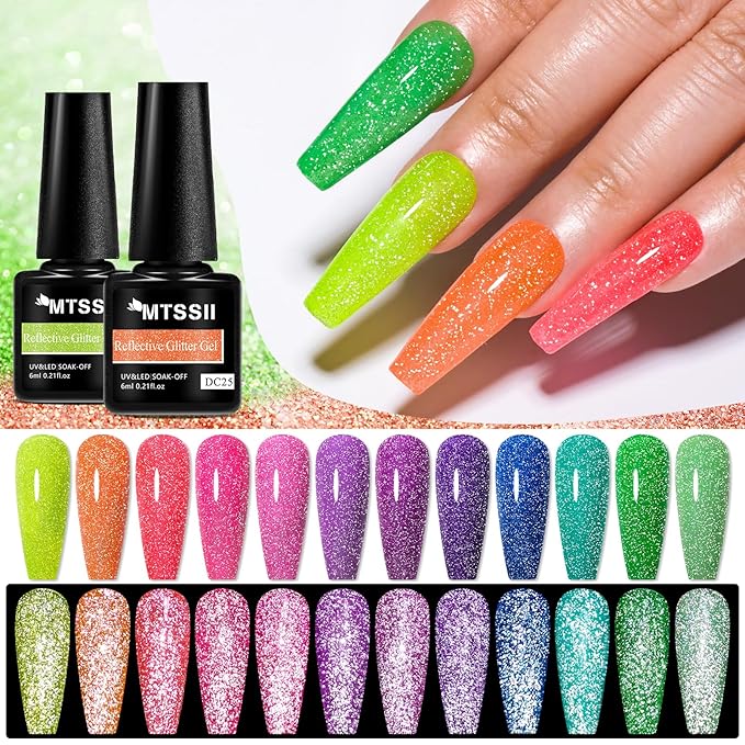 MTSSII Reflective Glitter Neon Gel Nail Polish Set, 12 Colors Gel Nail Polish Set Nails Gel Blue Hot Pink Purple Green Soak Off Uv Led Gel Nail Polish Kit Nail Gift for Her