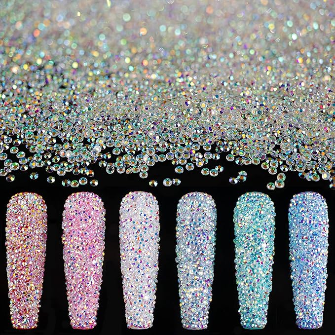1.2mm and 1.7mm Tiny Nail Rhinestones 20000PCs Ultra Mini Pixie Clear AB Glass Crystals for Nail Art 15000pcs 1.2mm and 5000pcs 1.7mm Super Little Gems Iridescent Micro Dust Glitter Caviar Bead