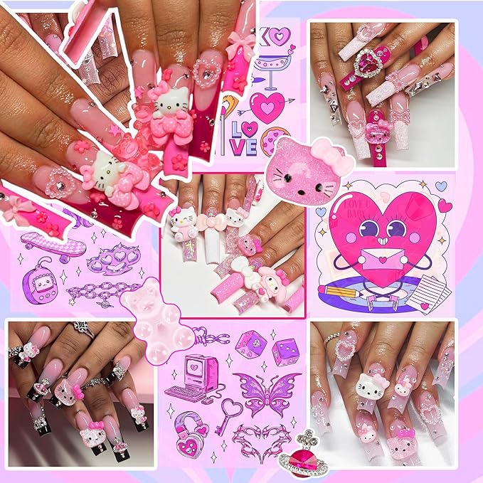 3D Pink Nail Charms Bulk Gummy Bear Butterfly Bow Assorted Nail Charms Set Planet Cherry Gems Cute Heart Star Pearls Nail Charms for Nail Art DIY Supplies Accessories