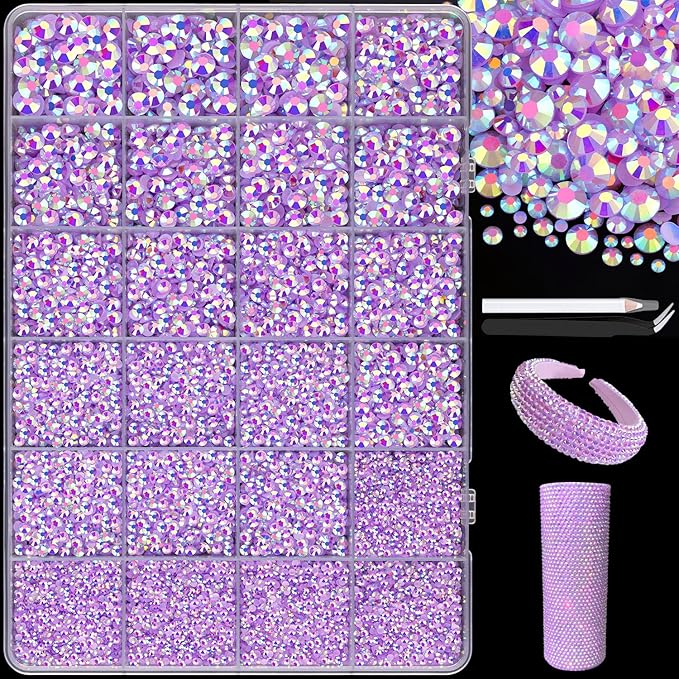 25000Pcs Resin Jelly Rhinestones with Tweezers for Crafting, 2-6mm Mixed Sizes (Lavender Purple AB) Non Hotfix Flatback Gems, Bedazzling Crystal for DIY Crafts Clothing Tumblers Shoes Decor Nail Art