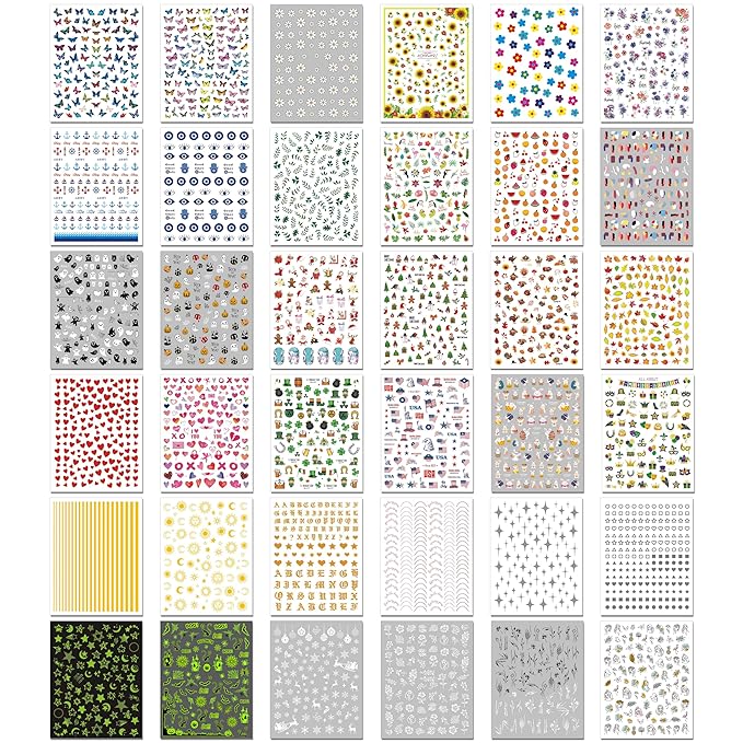 winthrop 36 Sheets All Holiday Nail Art Stickers, Mixed Season Nail Decals Set for All Year, Spring Summer 3D Self-Adhesive Colorful Pegatinas Uñas Daisy Butterfly 4th of July Halloween Christmas