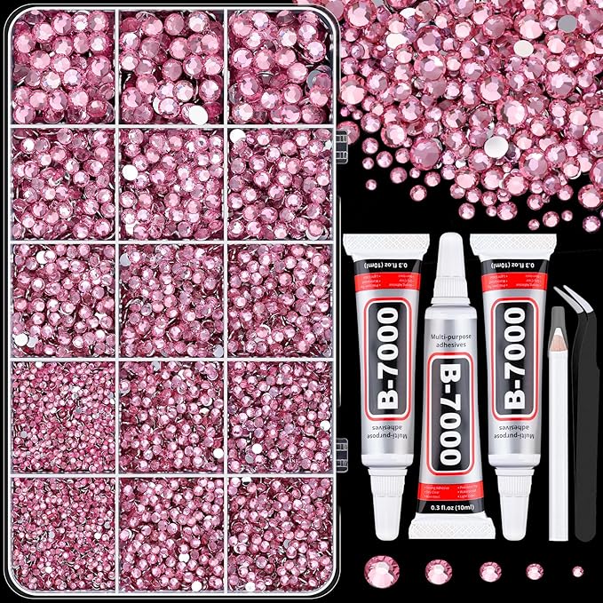 16000Pcs Resin Rhinestones with Tweezers for Crafting, Dark Pink 2-6mm Mixed Sizes Bedazzling Crystal with 3Pcs 10ml B7000 Jewelry Glue for DIY Crafts Clothing Tumblers Shoes Fabric Nail Art