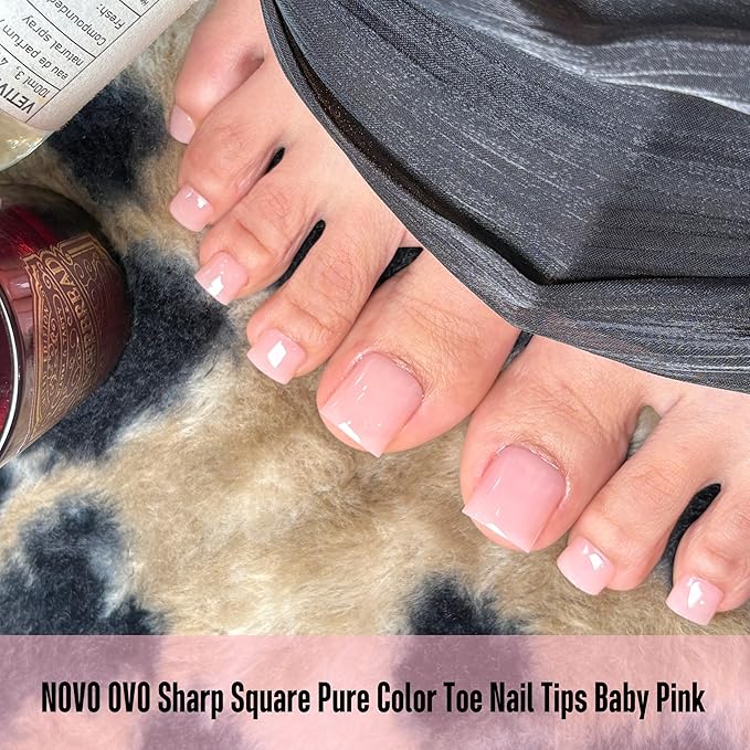 NOVO OVO Baby Pink Square Toe Nail Tips - 240Pcs Soft Gel Press on Toenails, Pure Color Light Pink Full Cover Fake Nails for Pedicure, PMMA Acrylic False Toe Nails Extension Kit (15 Sizes, Wide Fit)