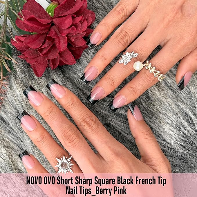 NOVO OVO Short Sharp Square Black French Tip Nail Tips Press on BERRY PINK, Extra Thick NEED Nail Glue Builder Gel Top Coat, Soft Gel Full Cover Fake Flase Nail Extension for DIY x 15 Sizes 240 pcs