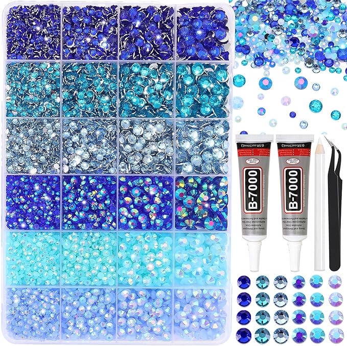 RODAKY Blue Rhinestone Flatback Gems for Bedazzling 3/4/5/6mm Crystal Rhinestones 2PCS 10ml B7000 Jewelry Glue Tweezers Pen Making Kit for DIY Craft Clothing Shoes