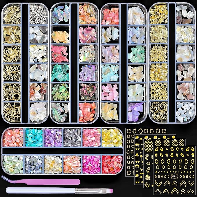 5 Boxes 3D Nail Art Crushed Sea Shell Irregular Iridescent Natural Abalone Seashell Slices Starfish Metal Sea Star Conch Moon Triangle Rivet Gems(sea Shell kit)