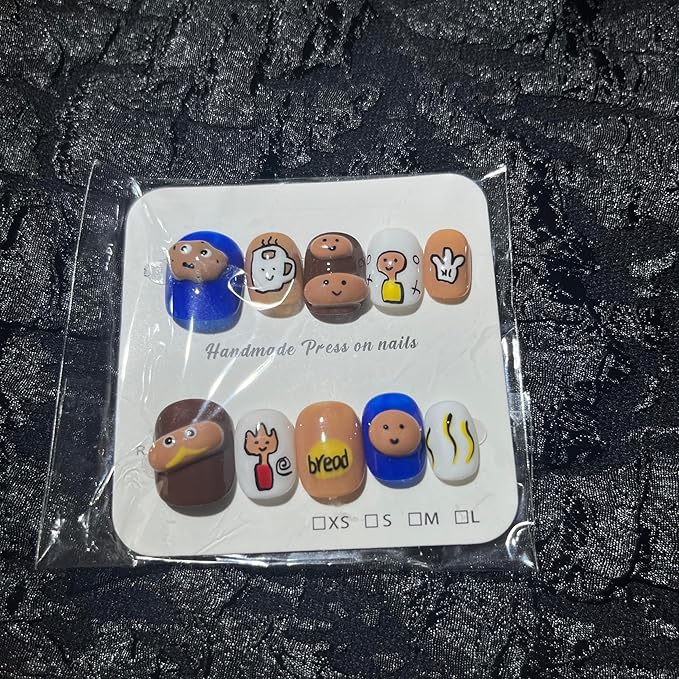 Short Press on Nails Handmade Nails 10Pcs Cute Style Manual Nail ArtBread Fake Nails for Women Party Holiday Photo 2.5CM Size L