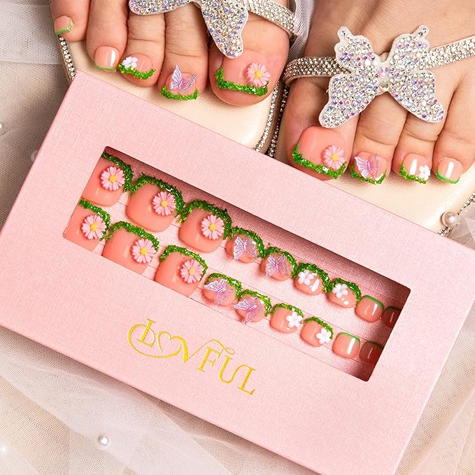LOVFUL Handmade Acrylic Press on Toenails Fairy Tale Garden | Salon Quality 20 PCS Free Size Toe Nails | Reusable Fake Nails for Toe | T151