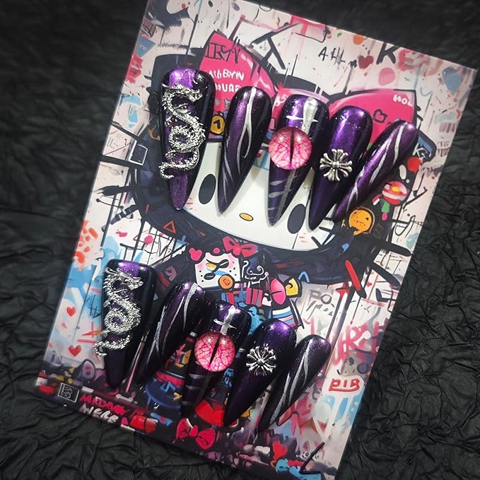 Handmade Press On Nails 10Pcs Dark Gothic Style Manual Starlight Fake Nails for Women Party Holiday Photo 3.2CM Size L