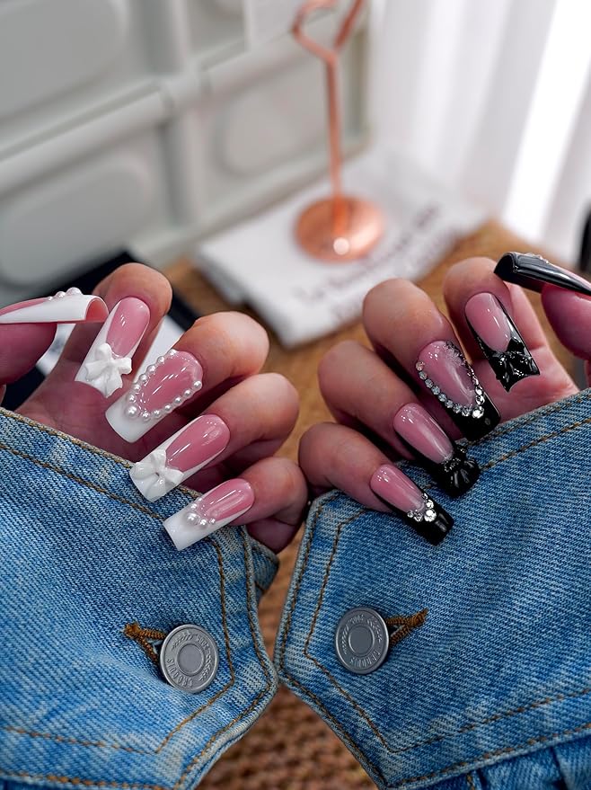 Black and Pink Press On Nails – 10PCS Glossy Fake Nails with Pearls, Rhinestones & 3D Bow Charms, Reusable Elegant Coffin Nails for Women and Girls – Euphrosyne