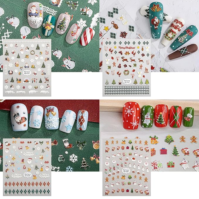 8 Sheets Christmas Nail Art Stickers Decals 5D Embossed Self-Adhesive Pegatinas Uñas Navidad Snowflake Santa Claus Snowman Reindeer Winter Holiday Manicure Decoration Supplies Accessories for Women